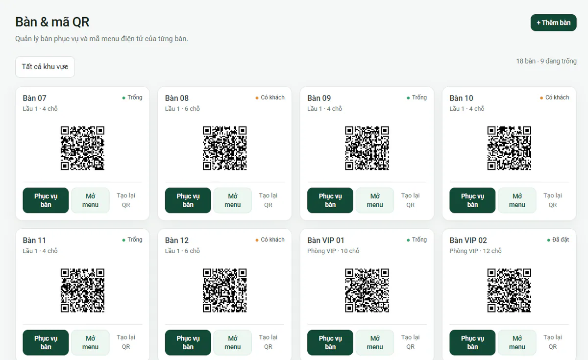 Quản lý bàn và tạo mã QR gọi món riêng cho từng bàn