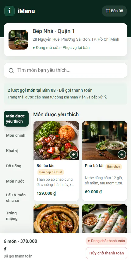 Menu QR iMenu hiển thị danh mục và món ăn trên điện thoại khách hàng