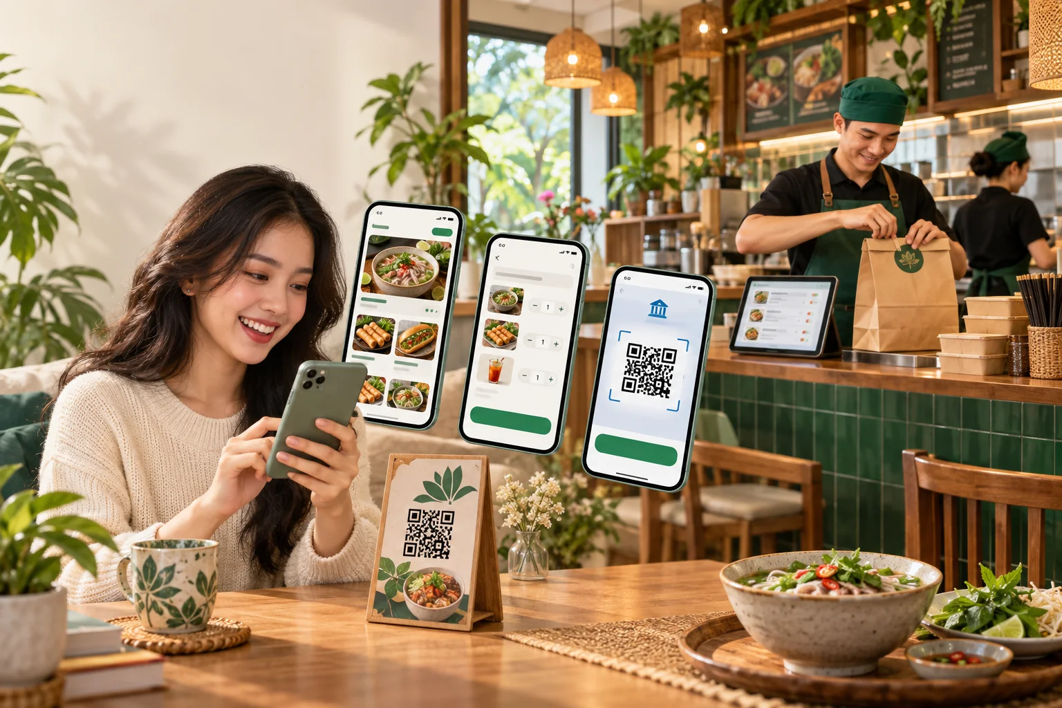Khách order đồ ăn mang đi từ xa trên điện thoại, thanh toán QR và quán chuẩn bị món